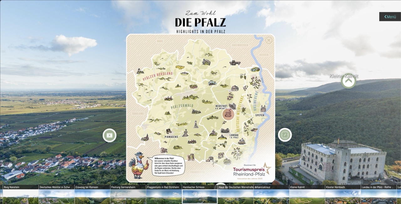 Hambacher Schloss in Neustadt an der Weinstra&szlig;e, im Vordergrund die &Uuml;bersichtskarte der 360&deg;-Touren